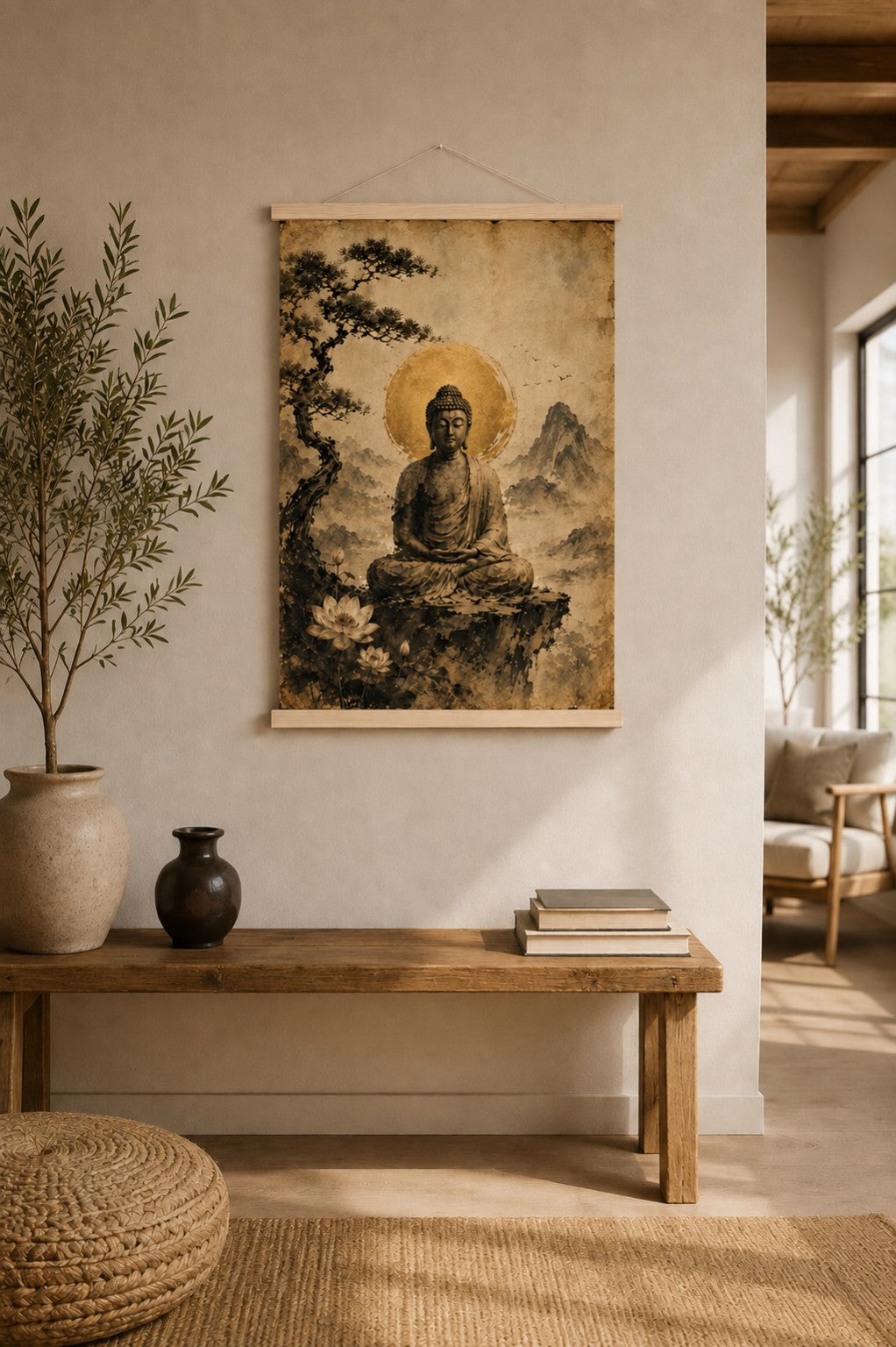 Vintage Buddha Wall Art – Zen Japanese with Wooden Hanger