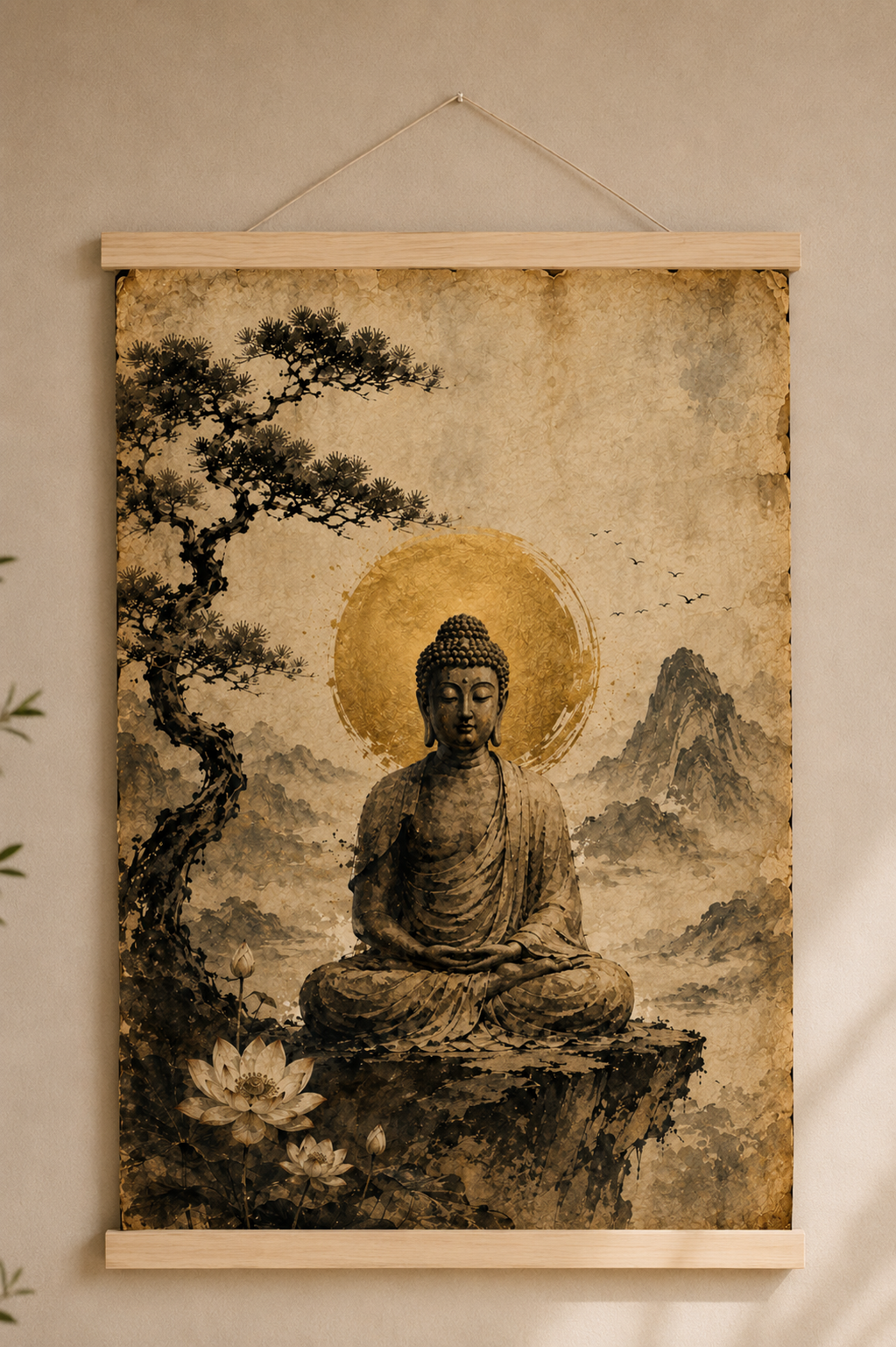 Vintage Buddha Wall Art – Zen Japanese with Wooden Hanger