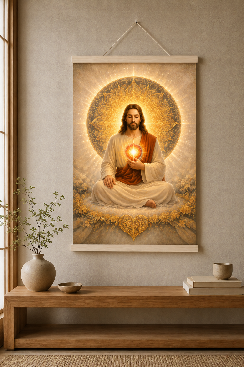 Sacred Heart of Stillness – Jesus Meditation Wall Art | Spiritual Canvas Hanging