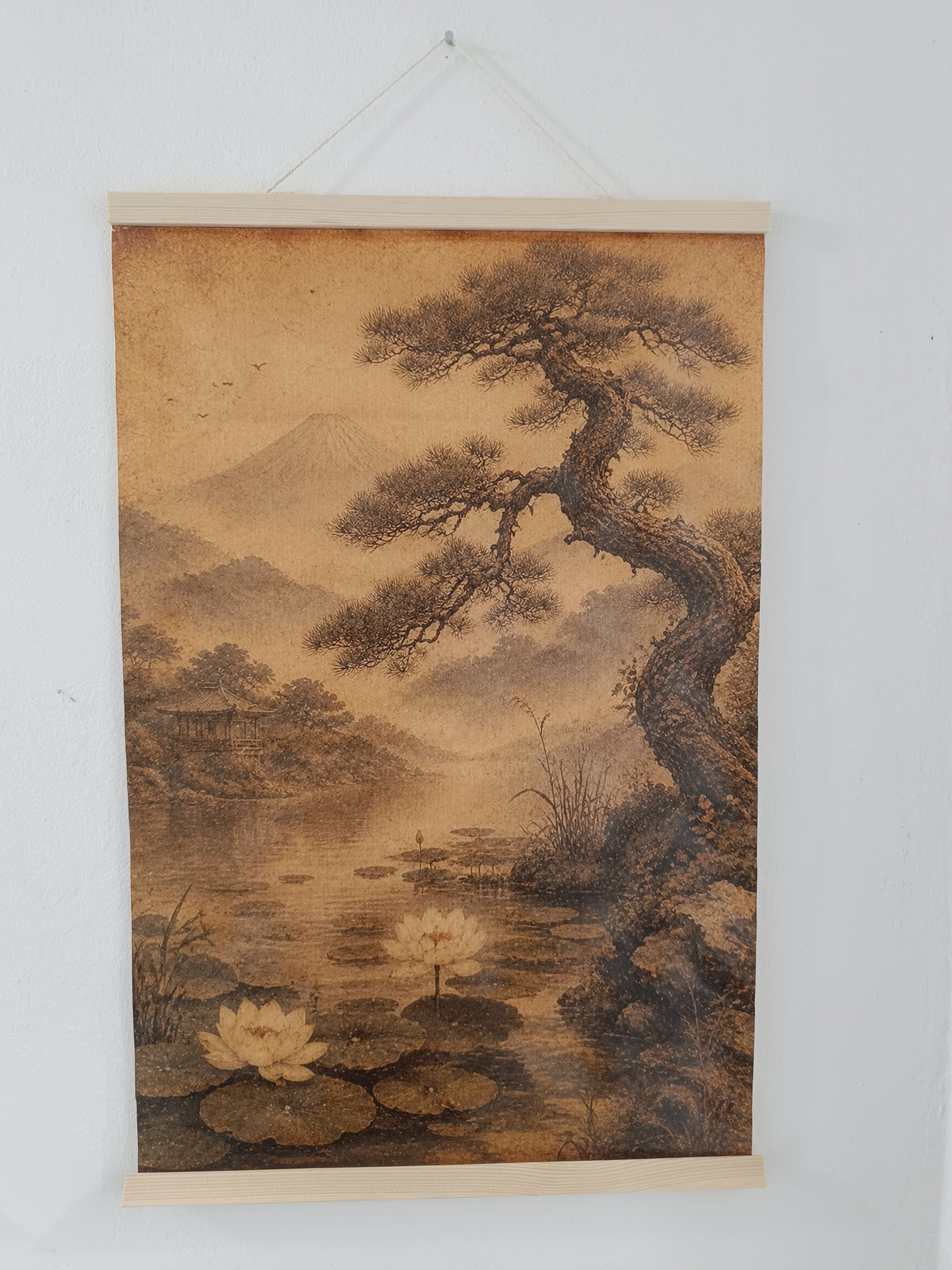The Eternal Pine – Japanese Zen Landscape with Lotus Flowers | 40 × 60 cm